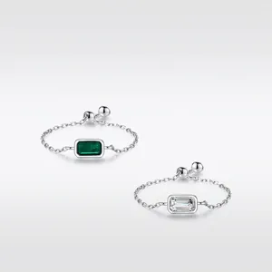 925 Sterling Silver Chain Ring Adjustable Emerald Cut Rectangle Zircon Minimalist Delicate Finger Jewelry For Women