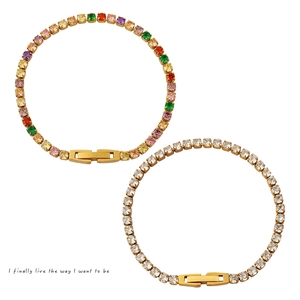 Elegant Women Tennis Bracelet In Stainless Steel With 18K Gold Plating And Colorful Rainbow Cubic Zirconia