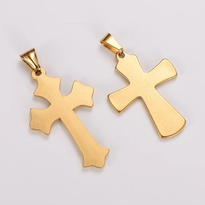 Polished gold stainless steel cross pendants in two distinct embossed religious styles