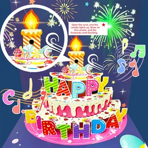 3D birthday card featuring a glowing three-layer cake with interactive blow sensor
