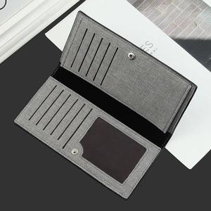 Men's slim grey long wallet in canvas texture with multi-card slots and snap closure