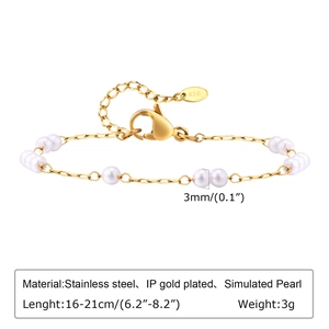 Elegant gold plated stainless steel bracelet featuring 3mm white imitation pearls