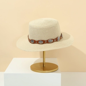 Vintage Western Straw Boater Hat With Faux Leather Belt And Metal Concho Ornaments Summer Beach Sun Hat For Women