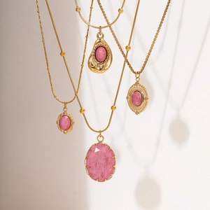 Rhodochrosite Pendant Necklace 18K Gold Plated Stainless Steel Pink Stone Vintage Jewelry For Women Fashion Accessory