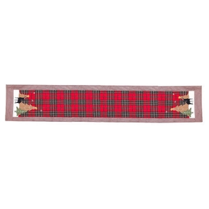 Christmas red and black buffalo plaid table runner with embroidered reindeer and trees