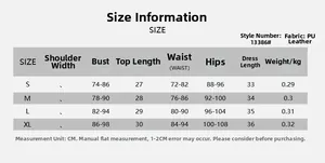 Tabella taglie dettagliata per completo sexy top a fascia in pelle PU e minigonna