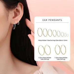 Minimalist S925 sterling silver hoop earrings 12-60mm sizes in polished gold finish
