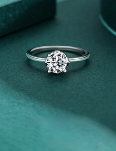 Macro shot of 925 sterling silver ring featuring a brilliant round cut zircon in six-prong setting