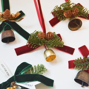 Christmas wish bells with velvet bow pine cones and golden bells for tree decoration