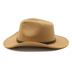 Detail of camel wool felt cowboy hat with a brown leather decorative band