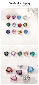 Detailed tile display of heart-shaped birthstone pendants with steel claw settings