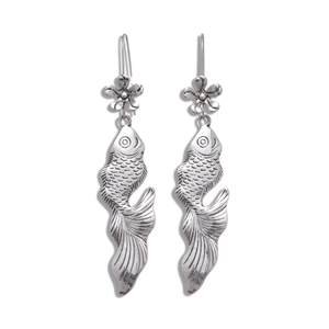 Orecchini pendenti con pesce e fiore in argento dallo stile minimalista neo-cinese