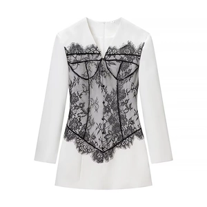 Lace Patchwork Mini Blazer Dress Deep V Neck Long Sleeve Contrast Color Slim Fit Elegant Fashion For Women