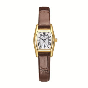 Women's quartz watch with gold tonneau case, Roman numeral dial and brown leather strap