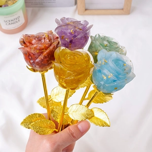 Artificial Crystal Rose Flower Ornament With Gold Foil Resin Flower Head Metal Stem For Valentine Wedding Home Decor Gift