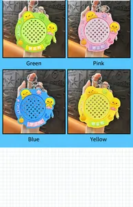 Detail view of duck-shaped magnetic ball drawing board keychains in four colors