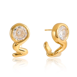 Golden wavy S-shaped stainless steel stud earrings with brilliant zircon stones
