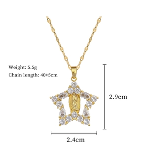 Detailed specs of star pendant necklace with Virgin Mary relief and clear zircon stones