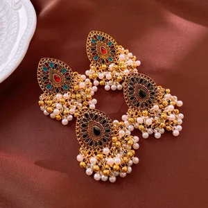 Vintage Ethnic Jhumka Drop Earrings Alloy Enamel Rhinestone With Faux Artificial Pearl Tassel And Steel Earring Post Bohemian
