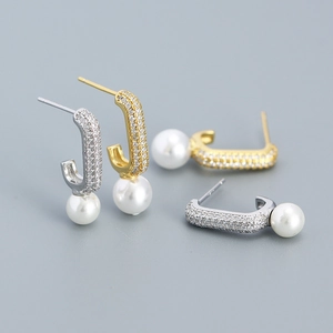 Elegant Artificial Pearl Hoop Earrings With 925 Sterling Silver Zircon Micro Pave C Shape Dangle Jewelry For Women