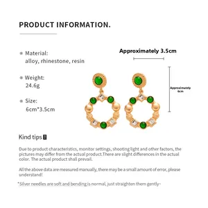 Detailed size specifications for vintage resin earrings with green inlay and square crystals