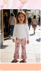 Detailansicht der rosa Schlaghose für Mädchen mit niedlichem Ballerina-Print-Design.