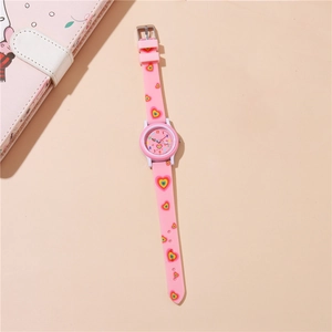 Detailed view of pink silicone watch strap with colorful heart and rainbow patterns