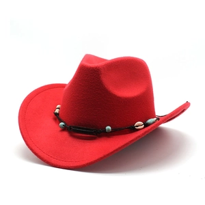 Red wool felt western cowboy hat with bohemian shell and bead ethnic decorative band