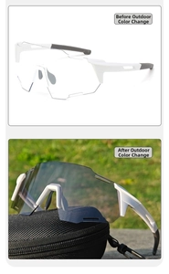 Détail des lunettes de cyclisme photochromiques montrant la transition des verres