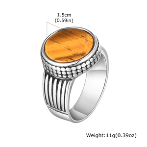 Detail shot of vintage stainless steel ring showing tiger eye stone size 1.5cm and 11g weight