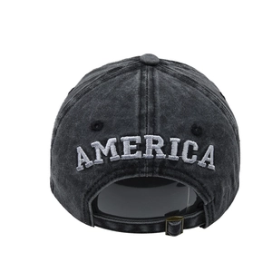 Detailed back view of vintage washed denim baseball cap with AMERICA embroidery