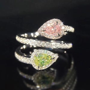 Elegant Copper Zirconia Spiral Ring For Women With Pink Green Pear Shaped Stones Water Drop Design Fashion Jewelry Birthday Gift