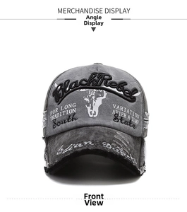 Front detail of washed grey baseball cap with Black Rebel embroidery and distressed texture