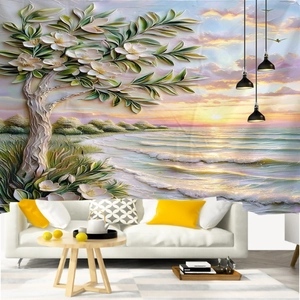 Tapiz en relieve 3D de árbol floral y atardecer en la playa sobre un sofá de salón blanco