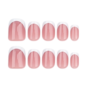 Classic French tip press-on nails with pink base and white edges, 10-piece glossy set