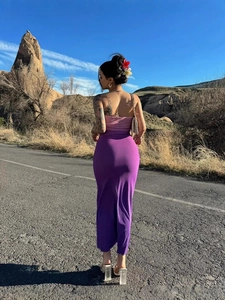 Slim fit tube top gradient midi dress in pink and purple colors for women