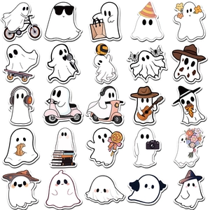 Detail showing 25 cute cartoon ghost stickers with creative skateboard and guitar designs