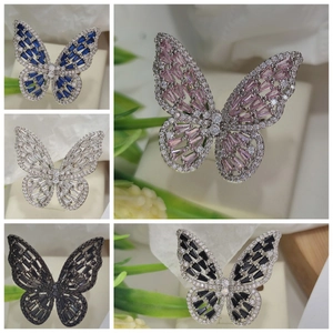 Luxurious zircon butterfly open rings in various colors including pink, blue and white