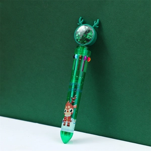 Détail du stylo bille de Noël vert à 10 couleurs avec bois de renne et globe à paillettes
