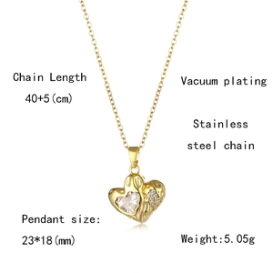 Detailed view of gold heart necklace with dimensions and specifications in white background