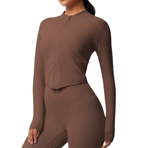Slim fit chocolate brown yoga set with zip-up long sleeve jacket and high waist leggings