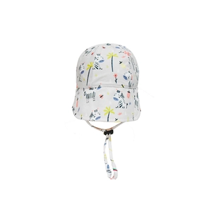 Detail of baby sun hat with colorful zebra print, neck protection and adjustable chin strap