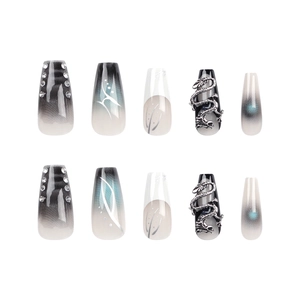 Chinese dragon relief press-on nails with black gradient and silver diamond accents