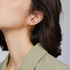 Minimalist double hoop gold ear cuff with metallic finish shown on model ear