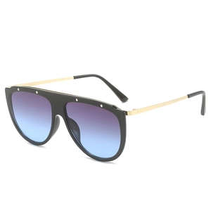 Fashionable oversized sunglasses with black frame and purple gradient lenses on white background