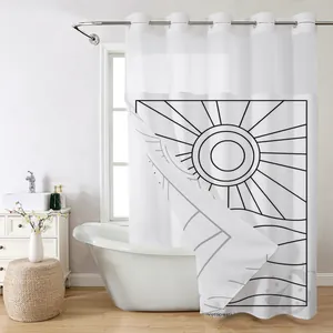 Détail du rideau de douche gaufré blanc avec panneau en filet et motif soleil et vagues