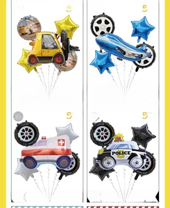 5-piece construction vehicle and emergency car foil balloon sets in retail packaging