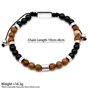 Adjustable men's tiger eye bead bracelet with silver spacers on a clean white backdrop
