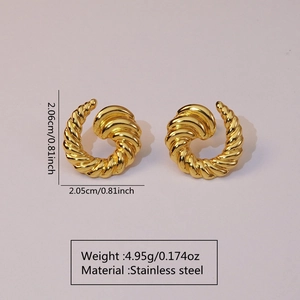 Detail view of twisted gold stainless steel earrings with size and weight dimensions