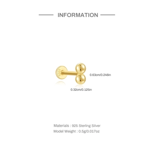 Detail of 925 sterling silver cartilage stud with double gold beads and S925 hallmark
